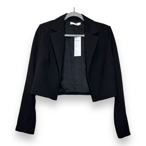Exlura‎ Cropped Blazer Collar Crop Jacket Sz M Cotton Linen New Black